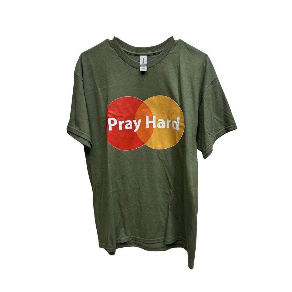 Gildan Pray Hard Religious Graphic Men L Tee Green Heavy Cotton